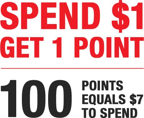Spend $1 Get 1 Point. 100 Points equals $7 to spend.